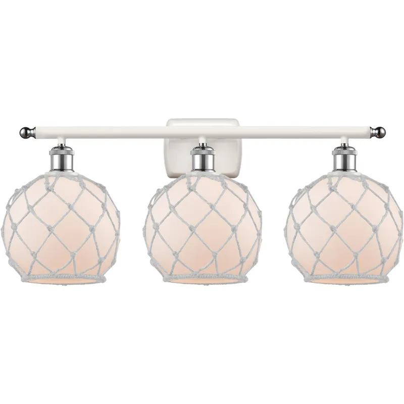 Ballston Farmhouse Rope 3 Light 26 inch White and Polished Chrome Bath Vanity Light Wall Light in White Glass with White Rope, Ballston