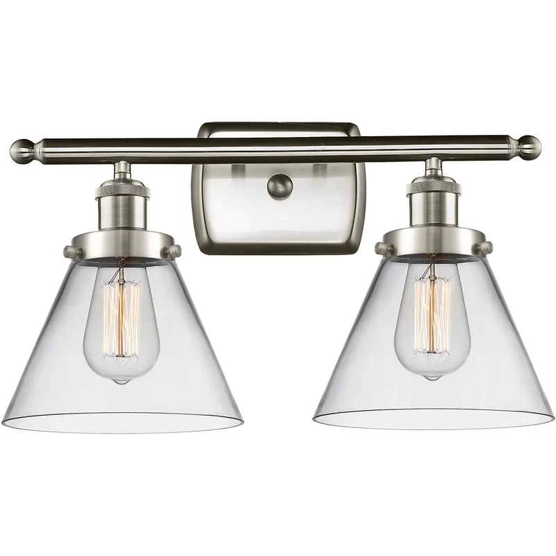 Ballston Large Cone 2 Light 16 inch Brushed Satin Nickel Bath Vanity Light Wall Light in Clear Glass, Ballston