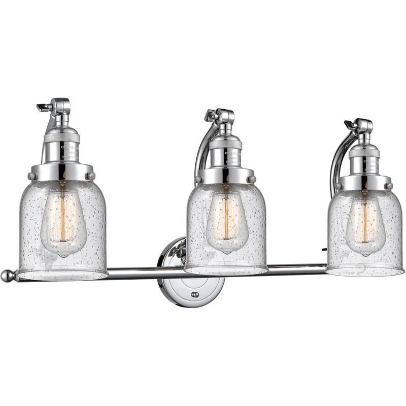 Franklin Restoration Small Bell 3 Light 28 inch Polished Chrome Bath Vanity Light Wall Light in Seedy Glass, Franklin Restoration