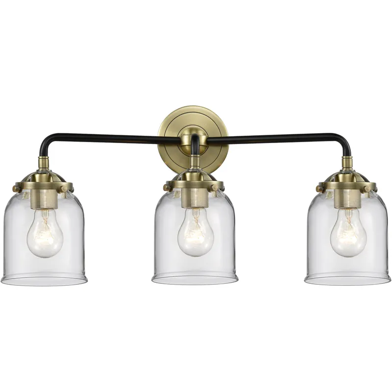 Nouveau Small Bell 3 Light 23 inch Black Antique Brass Bath Vanity Light Wall Light in Clear Glass, Nouveau
