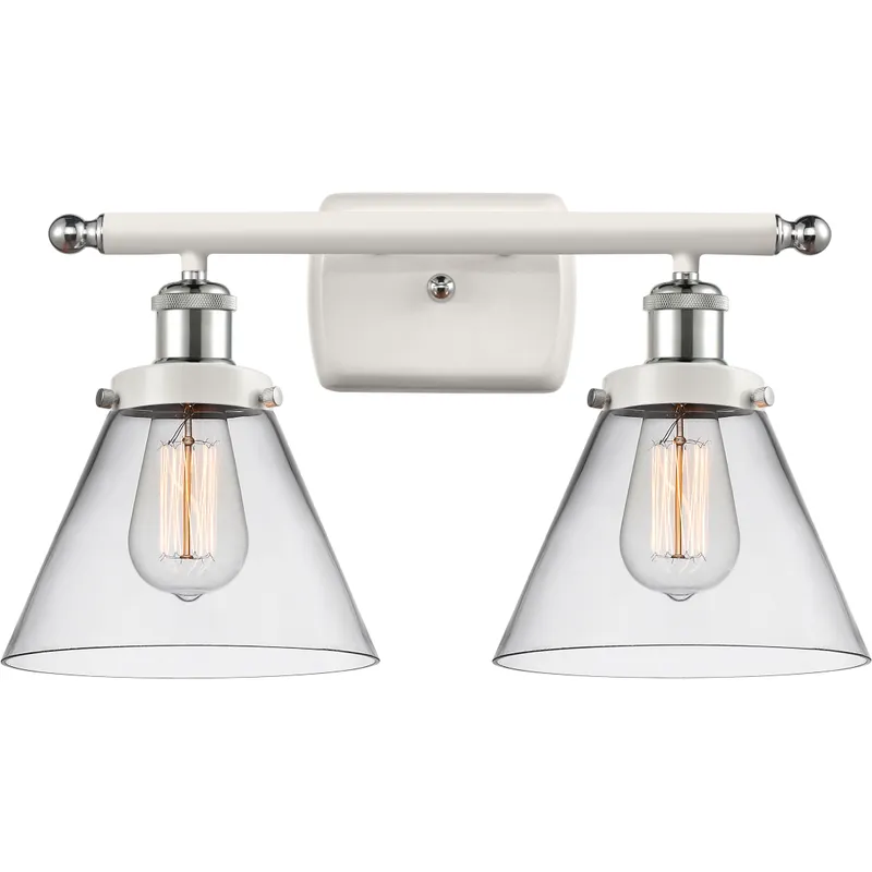 Ballston Large Cone 2 Light 16 inch White and Polished Chrome Bath Vanity Light Wall Light in Clear Glass