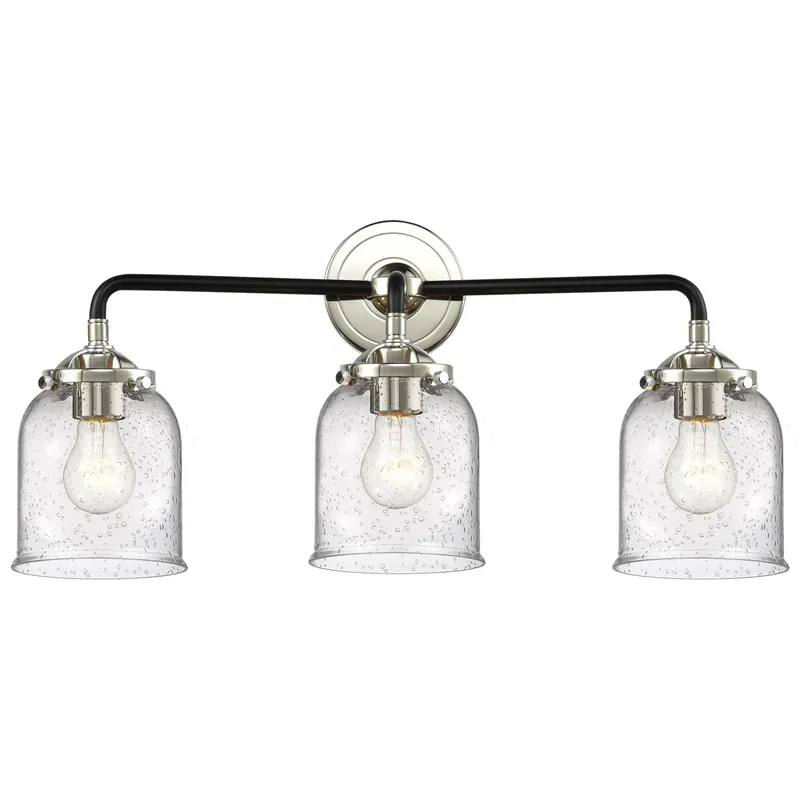 Nouveau Small Bell 3 Light 23 inch Black Polished Nickel Bath Vanity Light Wall Light in Seedy Glass, Nouveau