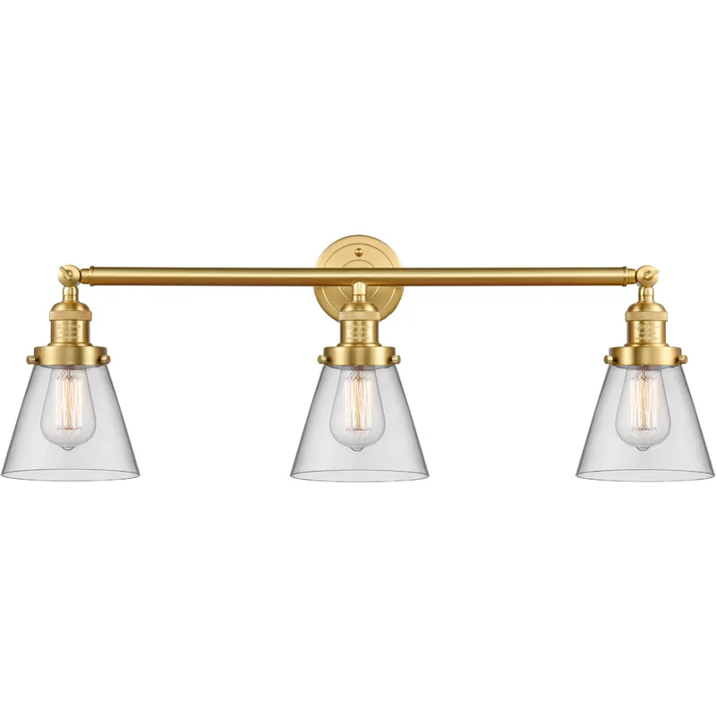 Franklin Restoration Small Cone LED 30 inch Satin Gold Bath Vanity Light Wall Light in Clear Glass, Franklin Restoration