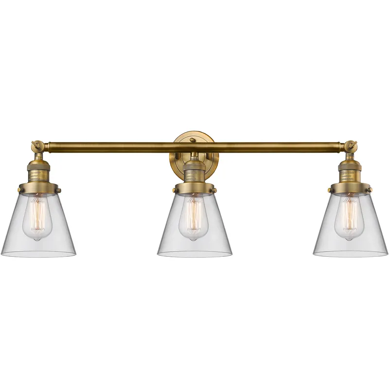 Franklin Restoration Small Cone LED 30 inch Brushed Brass Bath Vanity Light Wall Light in Clear Glass, Franklin Restoration