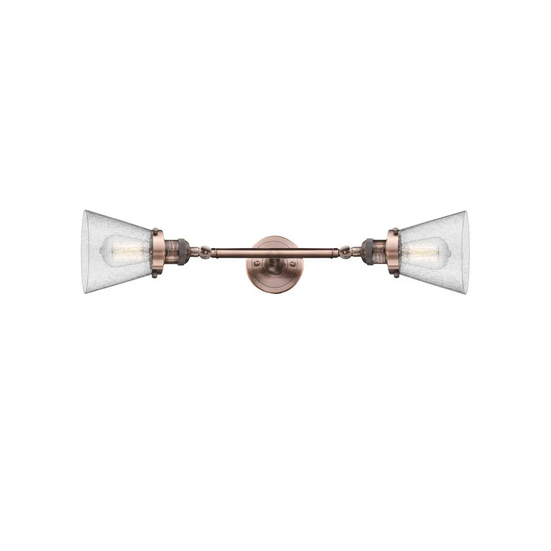 Franklin Restoration Small Cone 2 Light 6 inch Antique Copper Bath Vanity Light Wall Light in Seedy Glass, Franklin Restoration