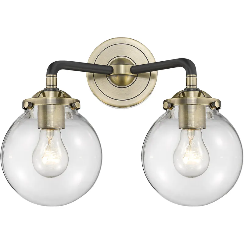 Nouveau Beacon 2 Light 14 inch Black Antique Brass Bath Vanity Light Wall Light in Clear Glass, Nouveau