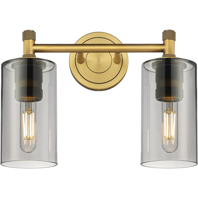 Downtown Urban Crown Point 2 Light 13.88 inch Brushed Brass Bath Vanity Light Wall Light in Light Smoke Glass