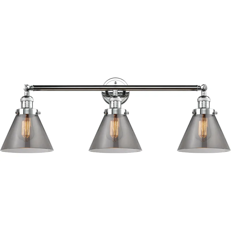 Franklin Restoration Large Cone 3 Light 32 inch Polished Chrome Bath Vanity Light Wall Light in Light Smoke Glass, Franklin Restoration