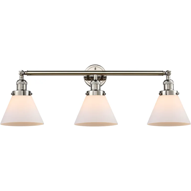 Franklin Restoration Large Cone 3 Light 32 inch Polished Nickel Bath Vanity Light Wall Light in Matte White Glass, Franklin Restoration