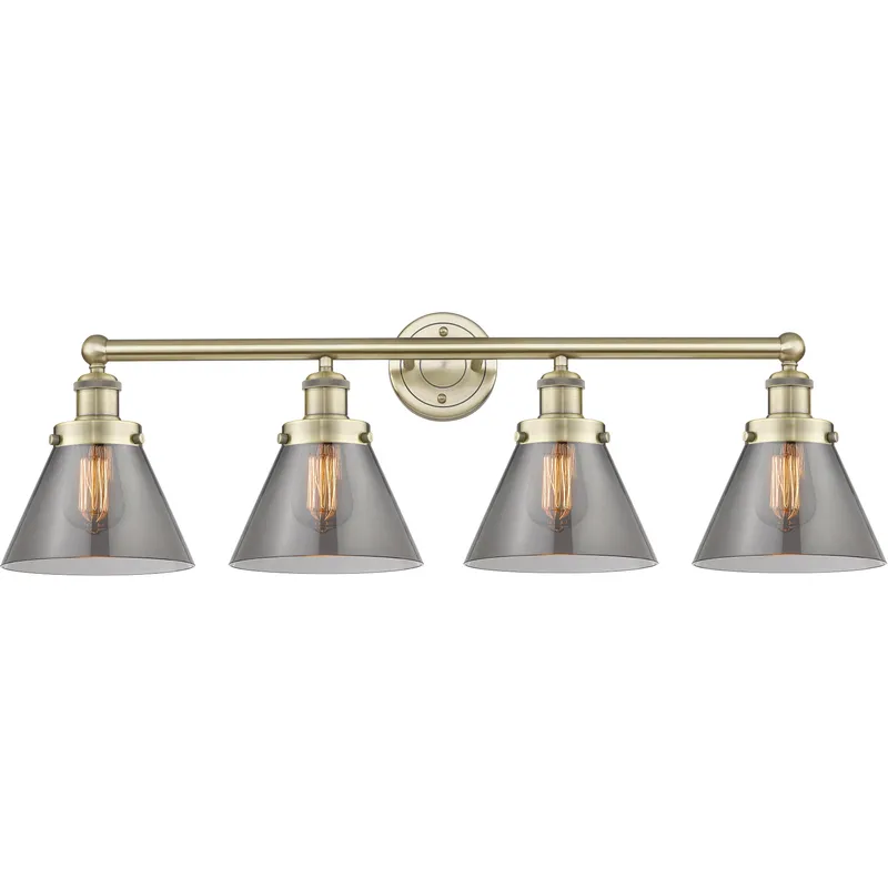 Cone 4 Light 33.5 inch Antique Brass Bath Vanity Light Wall Light in Light Smoke Glass