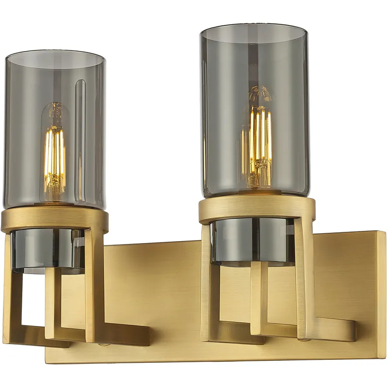 Utopia 2 Light 15 inch Brushed Brass Bath Vanity Light Wall Light in Plated Smoke Glass