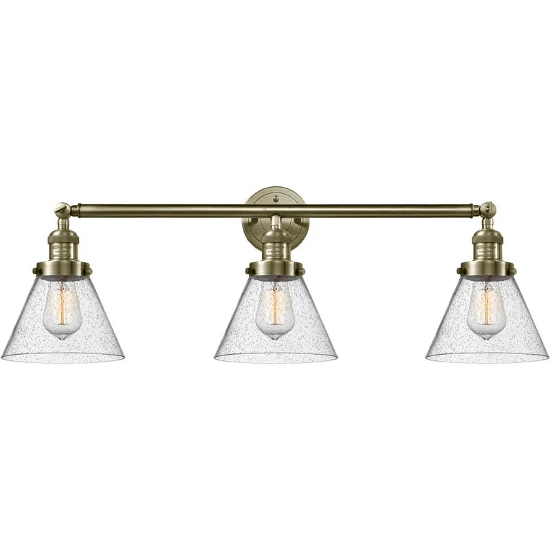 Franklin Restoration Large Cone 3 Light 32 inch Antique Brass Bath Vanity Light Wall Light in Incandescent, Seedy Glass, Franklin Restoration