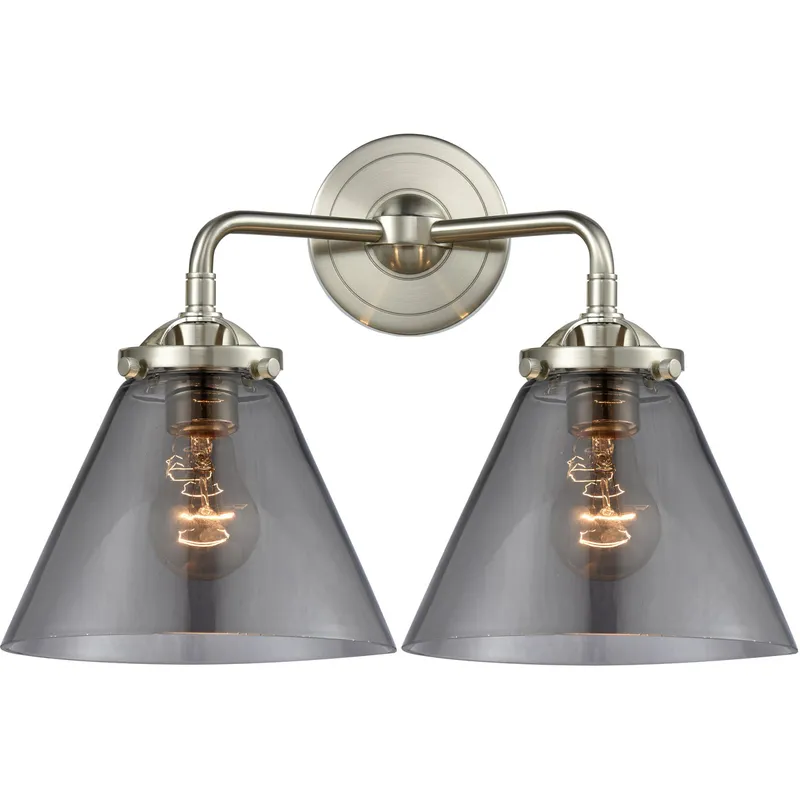 Nouveau Large Cone 2 Light 16 inch Brushed Satin Nickel Bath Vanity Light Wall Light in Plated Smoke Glass, Nouveau