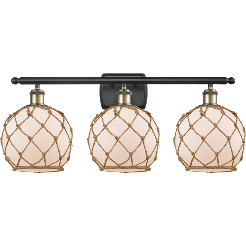 Ballston Farmhouse Rope 3 Light 28 inch Black Antique Brass Bath Vanity Light Wall Light in Bulb Not Included, White Glass with Brown Rope, Ballston