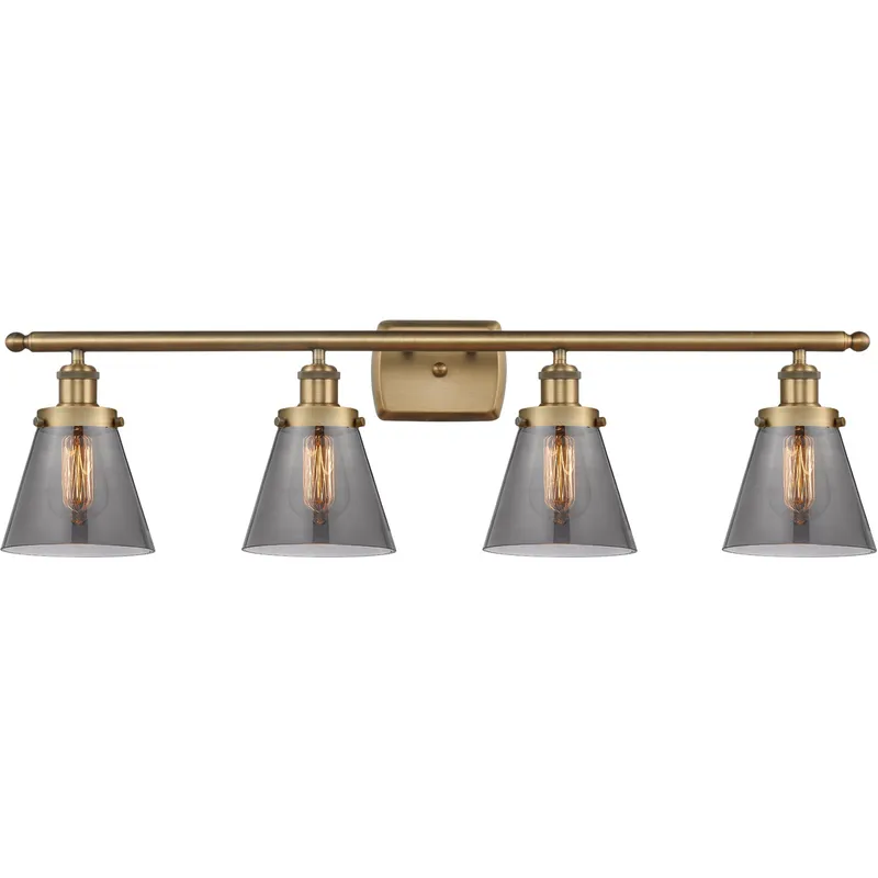 Ballston Small Cone 4 Light 36 inch Brushed Brass Bath Vanity Light Wall Light in Light Smoke Glass