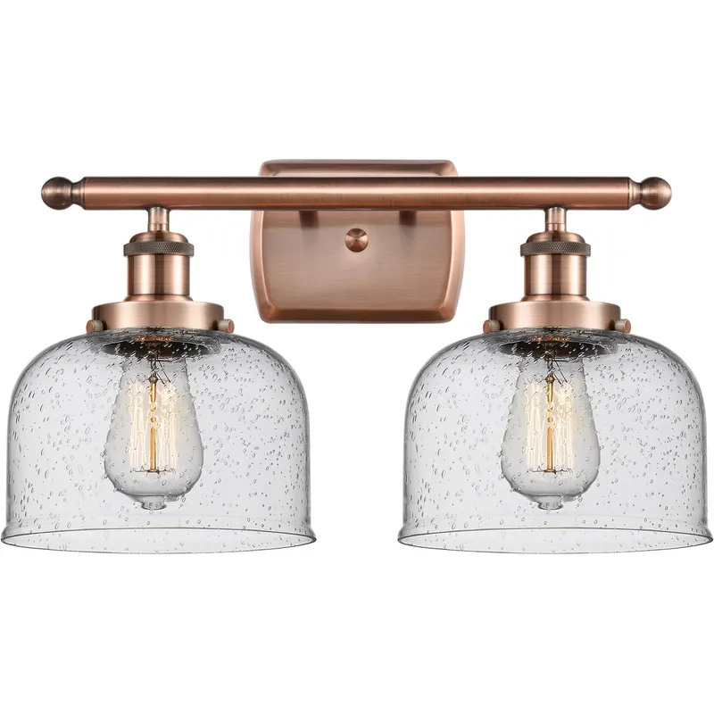 Ballston Large Bell 2 Light 16 inch Antique Copper Bath Vanity Light Wall Light in Seedy Glass