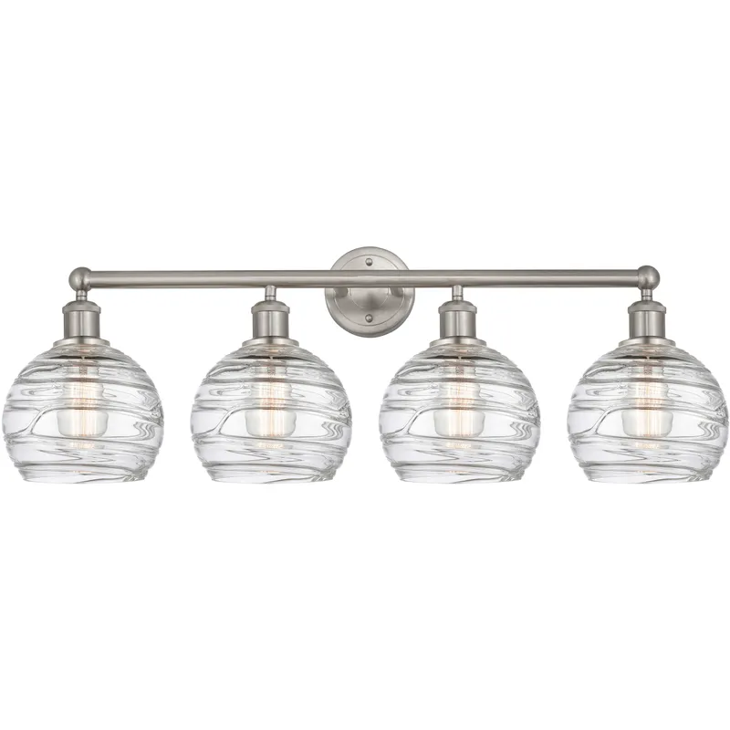 Athens Deco Swirl 4 Light 35 inch Brushed Satin Nickel Bath Vanity Light Wall Light in Clear Deco Swirl Glass