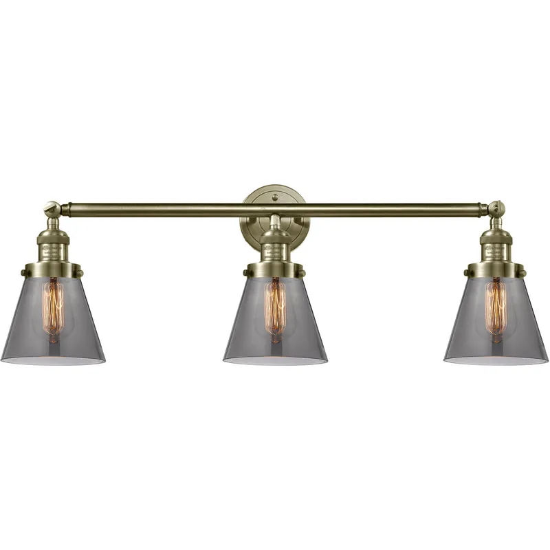 Franklin Restoration Small Cone LED 30 inch Antique Brass Bath Vanity Light Wall Light in Light Smoke Glass, Franklin Restoration