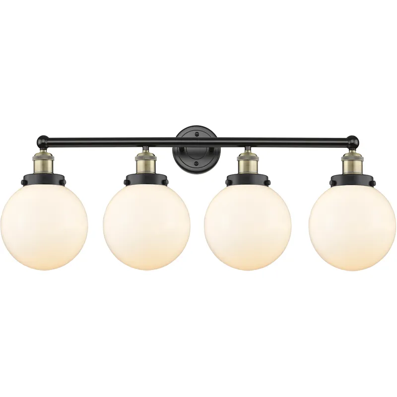 Beacon 4 Light 33.5 inch Black Antique Brass Bath Vanity Light Wall Light in Matte White Glass, Large