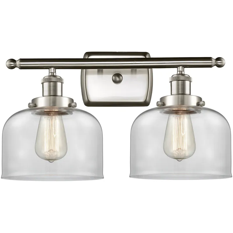 Ballston Large Bell 2 Light 16 inch Brushed Satin Nickel Bath Vanity Light Wall Light in Clear Glass, Ballston