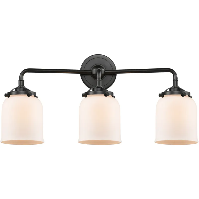 Nouveau Small Bell 3 Light 23 inch Oil Rubbed Bronze Bath Vanity Light Wall Light in Matte White Glass, Nouveau