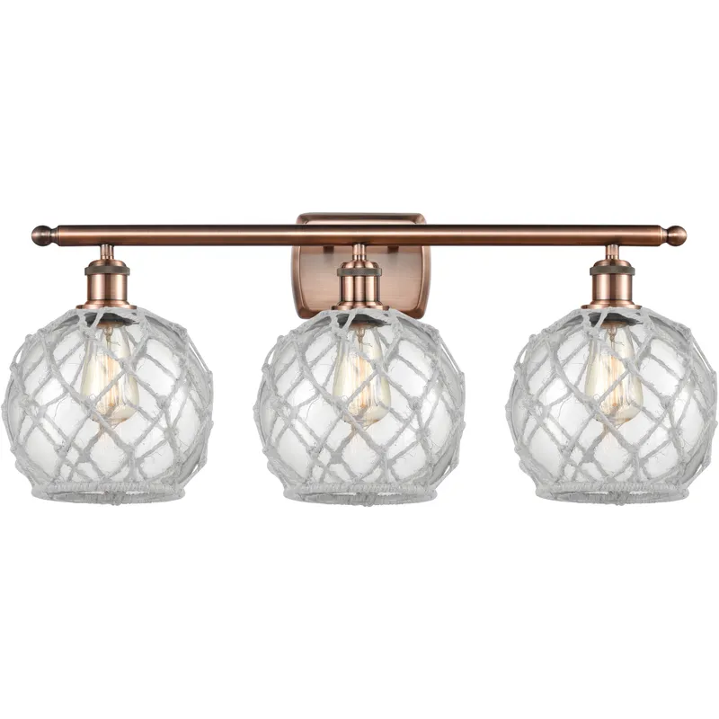 Ballston Farmhouse Rope 3 Light 28 inch Antique Copper Bath Vanity Light Wall Light in Bulb Not Included, Clear Glass with White Rope, Ballston