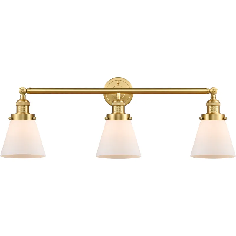 Franklin Restoration Small Cone LED 30 inch Satin Gold Bath Vanity Light Wall Light in Matte White Glass, Franklin Restoration