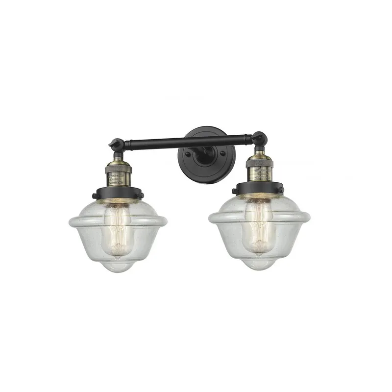 Franklin Restoration Small Oxford 2 Light 17 inch Black Antique Brass Bath Vanity Light Wall Light in Seedy Glass, Franklin Restoration