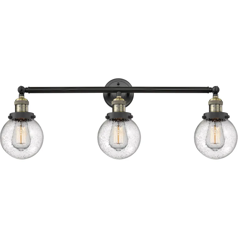 Franklin Restoration Beacon LED 30 inch Black Antique Brass Bath Vanity Light Wall Light in Seedy Glass, Franklin Restoration