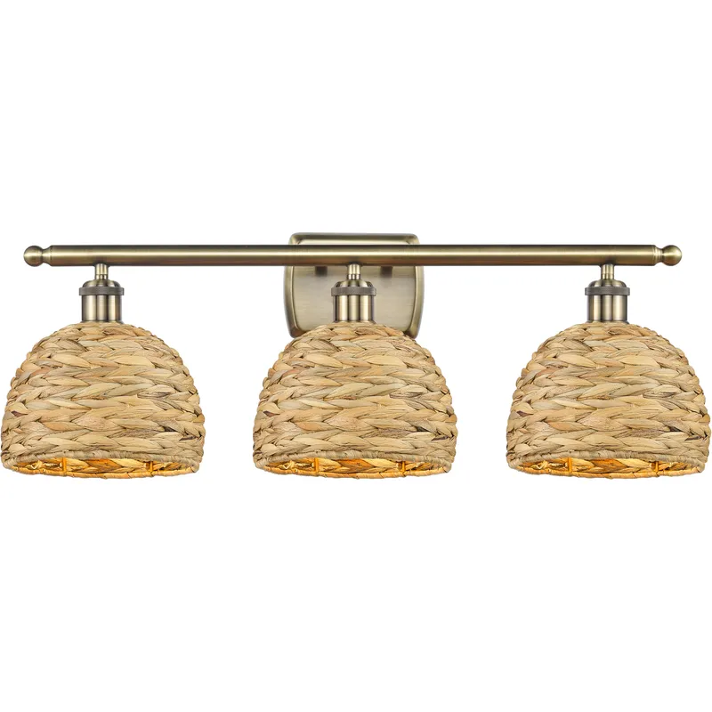 Woven Rattan 3 Light 28 inch Antique Brass Bath Vanity Light Wall Light