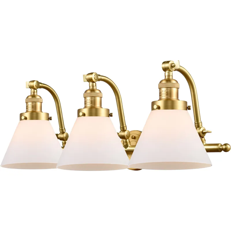 Franklin Restoration Large Cone LED 28 inch Satin Gold Bath Vanity Light Wall Light in Matte White Glass, Franklin Restoration