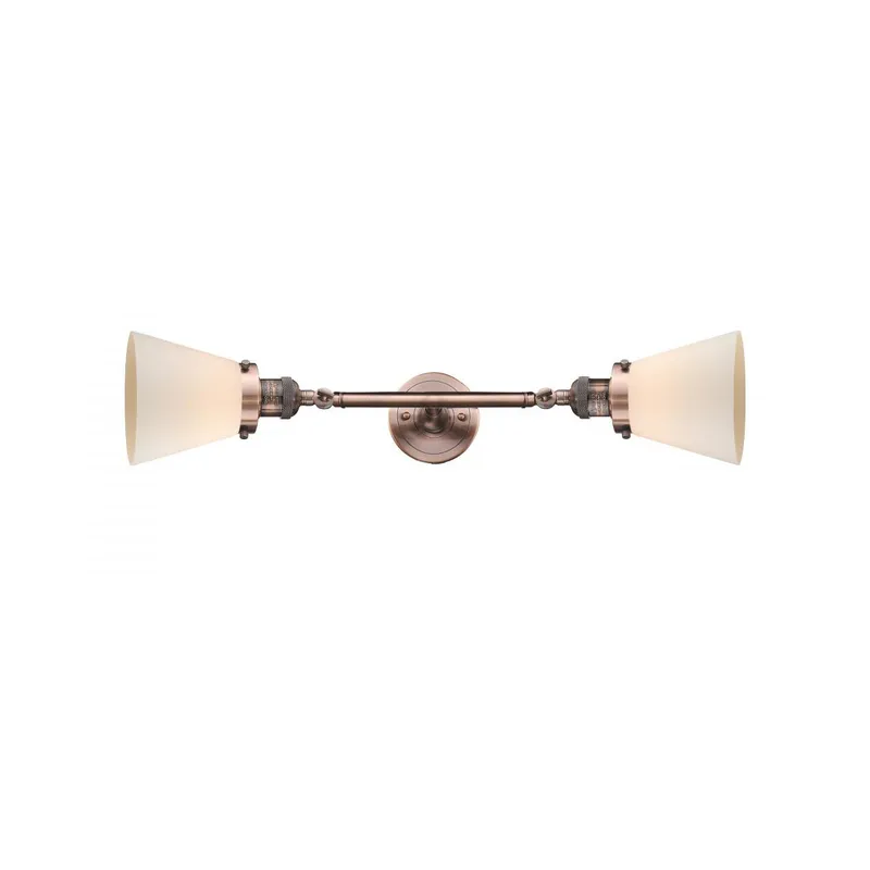 Franklin Restoration Small Cone 2 Light 6 inch Antique Copper Bath Vanity Light Wall Light in Matte White Glass, Franklin Restoration