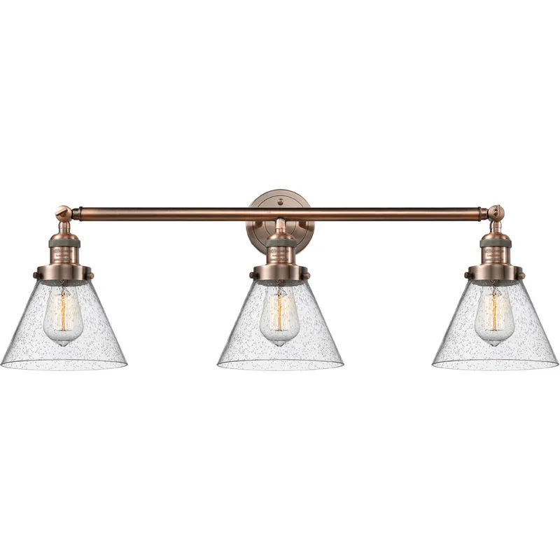 Franklin Restoration Large Cone 3 Light 32 inch Antique Copper Bath Vanity Light Wall Light in Seedy Glass, Franklin Restoration