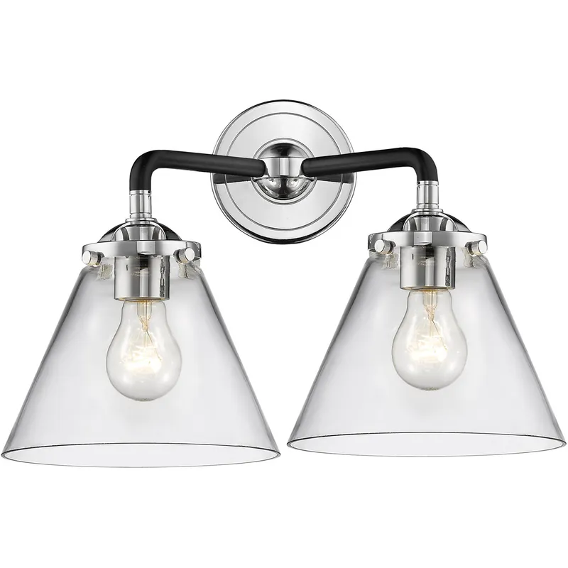 Nouveau Large Cone 2 Light 16 inch Black Polished Nickel Bath Vanity Light Wall Light in Clear Glass, Nouveau