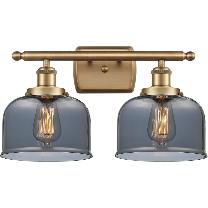 Ballston Large Bell 2 Light 16 inch Brushed Brass Bath Vanity Light Wall Light in Light Smoke Glass