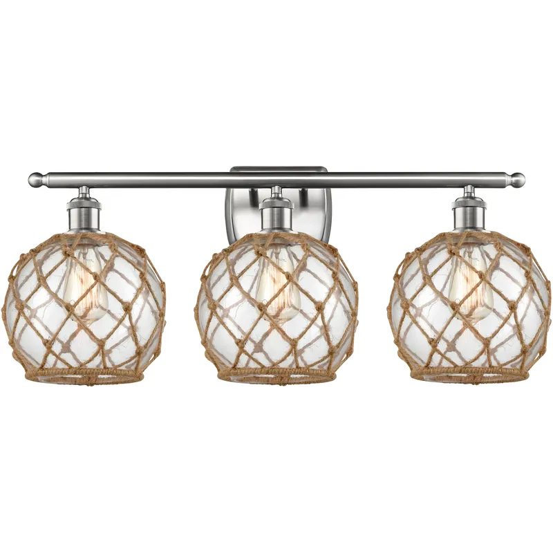 Ballston Farmhouse Rope 3 Light 28 inch Brushed Satin Nickel Bath Vanity Light Wall Light in Bulb Not Included, Clear Glass with Brown Rope, Ballston