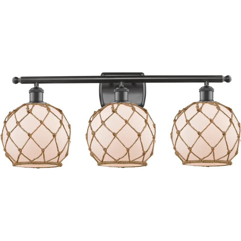 Ballston Farmhouse Rope 3 Light 28 inch Oil Rubbed Bronze Bath Vanity Light Wall Light in Bulb Not Included, White Glass with Brown Rope, Ballston