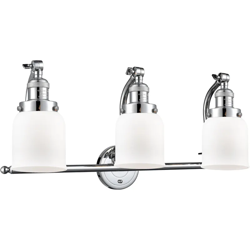Franklin Restoration Small Bell 3 Light 28 inch Polished Chrome Bath Vanity Light Wall Light in Matte White Glass, Franklin Restoration