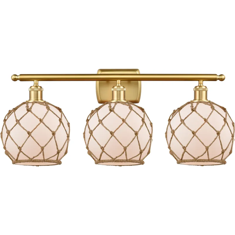 Ballston Farmhouse Rope 3 Light 28 inch Satin Gold Bath Vanity Light Wall Light in Bulb Not Included, White Glass with Brown Rope, Ballston