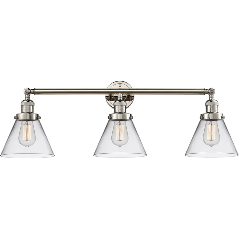 Franklin Restoration Large Cone 3 Light 32 inch Polished Nickel Bath Vanity Light Wall Light in Clear Glass, Franklin Restoration