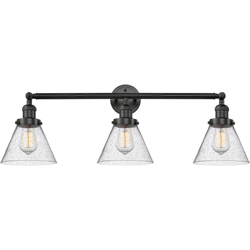 Franklin Restoration Large Cone 3 Light 32 inch Matte Black Bath Vanity Light Wall Light in Seedy Glass, Franklin Restoration
