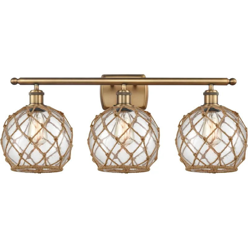 Ballston Farmhouse Rope 3 Light 28 inch Brushed Brass Bath Vanity Light Wall Light in Bulb Not Included, Clear Glass with Brown Rope, Ballston