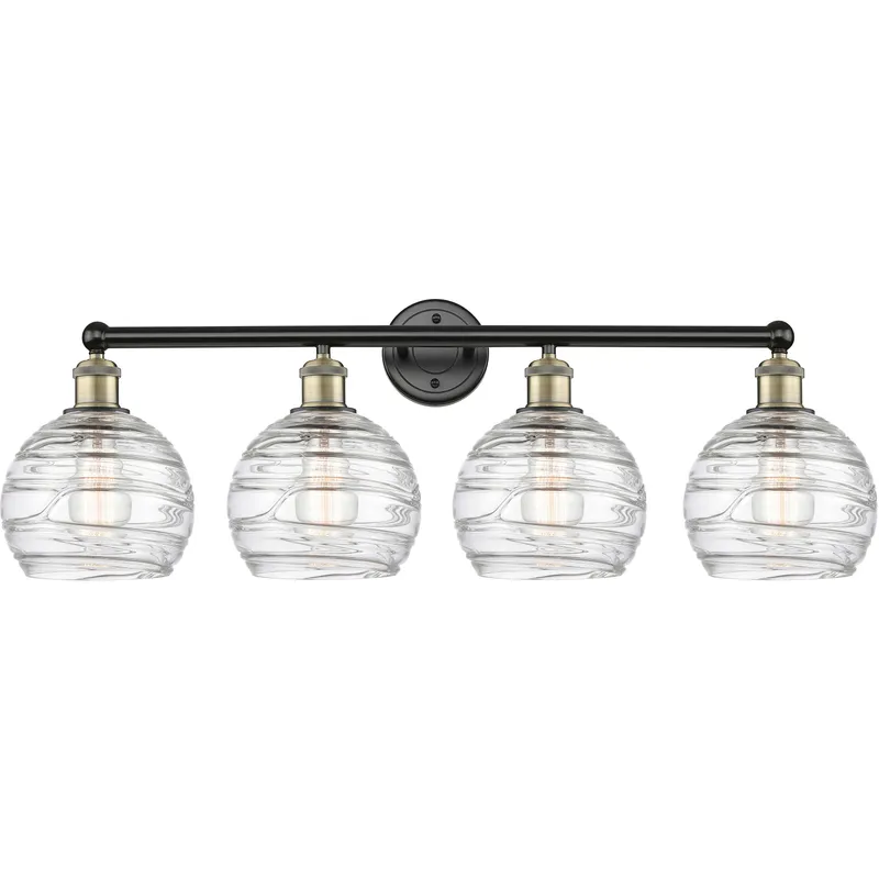 Athens Deco Swirl 4 Light 35 inch Black Antique Brass Bath Vanity Light Wall Light in Clear Deco Swirl Glass