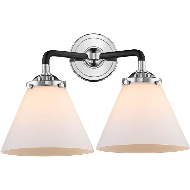 Nouveau Large Cone 2 Light 16 inch Black Polished Nickel Bath Vanity Light Wall Light in Matte White Glass, Nouveau
