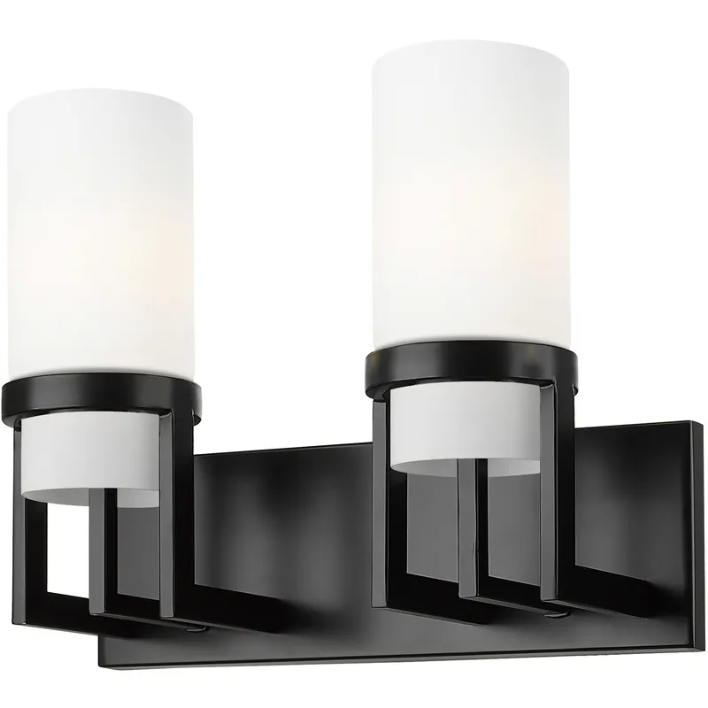 Utopia 2 Light 15 inch Matte Black Bath Vanity Light Wall Light in Matte White Glass