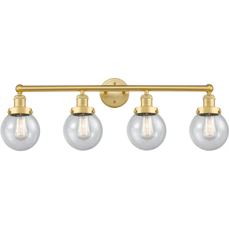 Beacon 4 Light 33.5 inch Satin Gold Bath Vanity Light Wall Light in Seedy Glass, Small