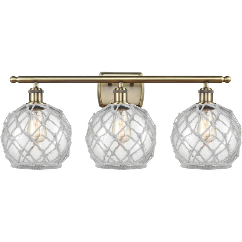 Ballston Farmhouse Rope 3 Light 28 inch Antique Brass Bath Vanity Light Wall Light in Bulb Not Included, Clear Glass with White Rope