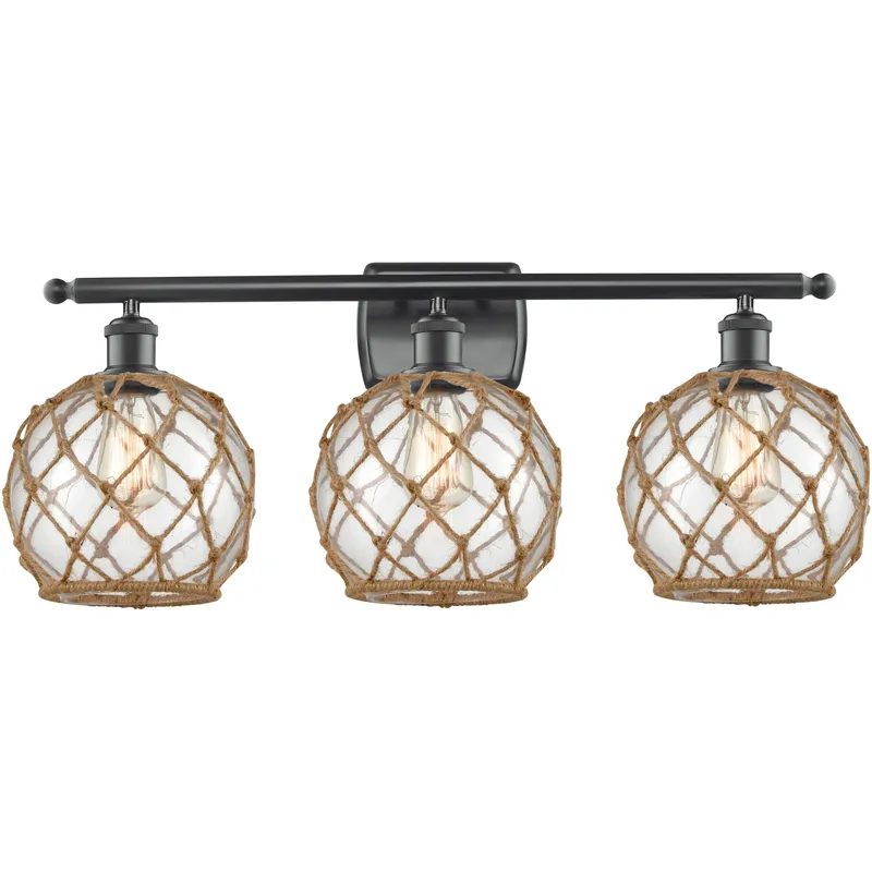 Ballston Farmhouse Rope 3 Light 28 inch Matte Black Bath Vanity Light Wall Light in Bulb Not Included, Clear Glass with Brown Rope, Ballston