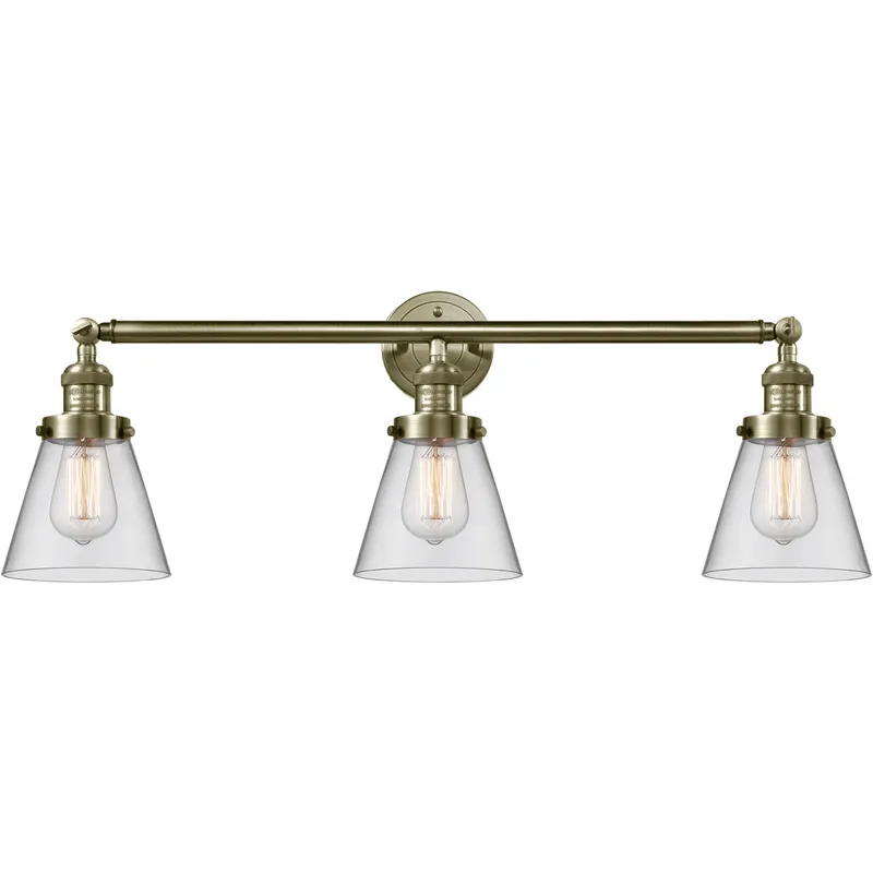 Franklin Restoration Small Cone LED 30 inch Antique Brass Bath Vanity Light Wall Light in Clear Glass, Franklin Restoration