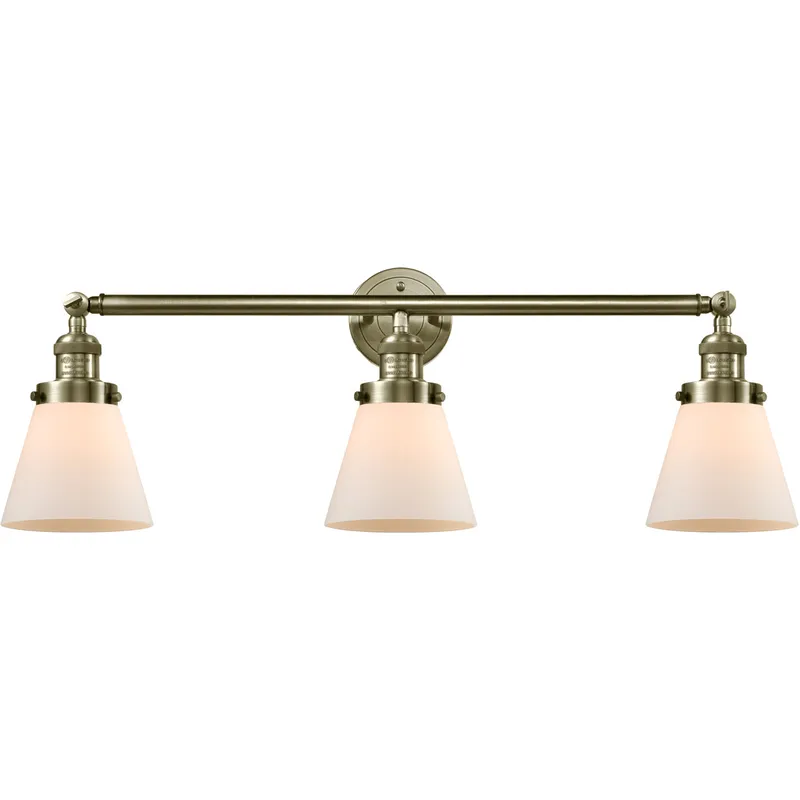 Franklin Restoration Small Cone LED 30 inch Antique Brass Bath Vanity Light Wall Light in Matte White Glass, Franklin Restoration
